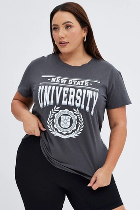 Grey Graphic T-shirt New State University Print Flex Fit Long Lasting Color