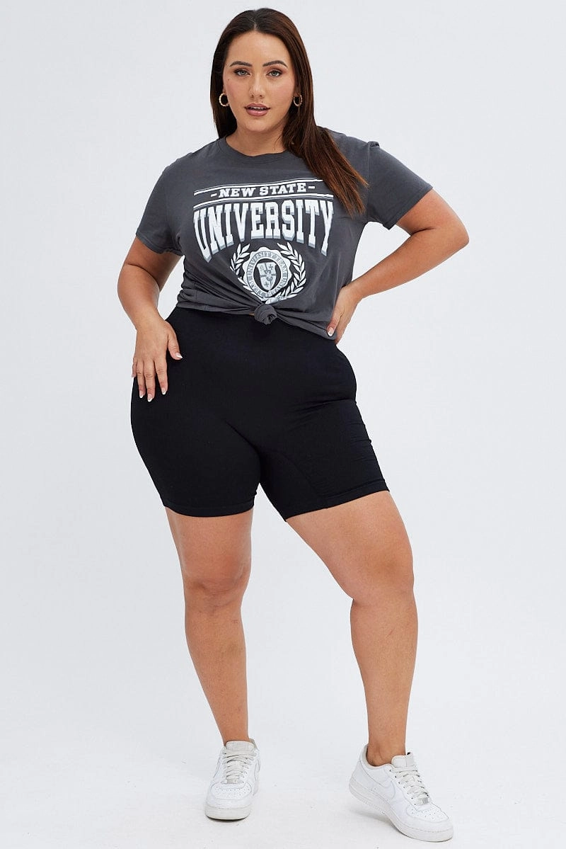 Grey Graphic T-shirt New State University Print Curved Hemline