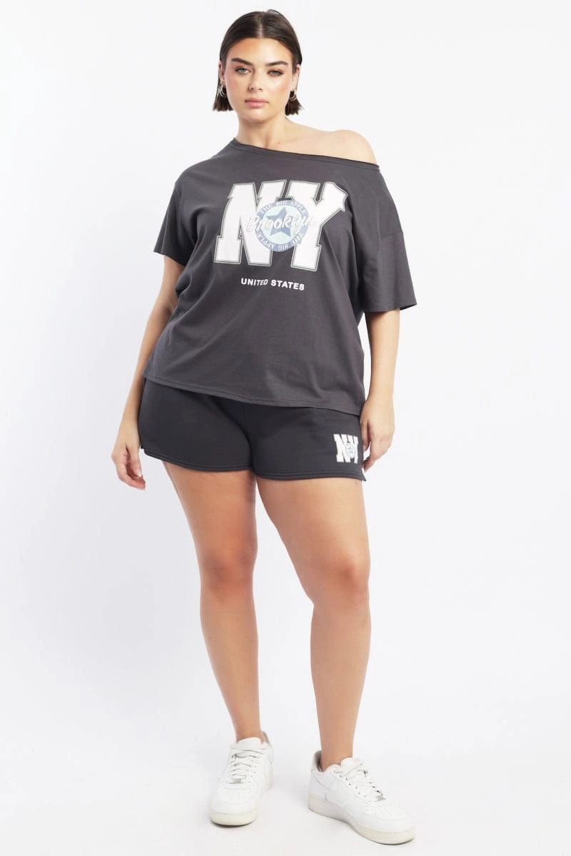 Casual Layer Look Grey Graphic T Shirt Off Shoulder Short Sleeve