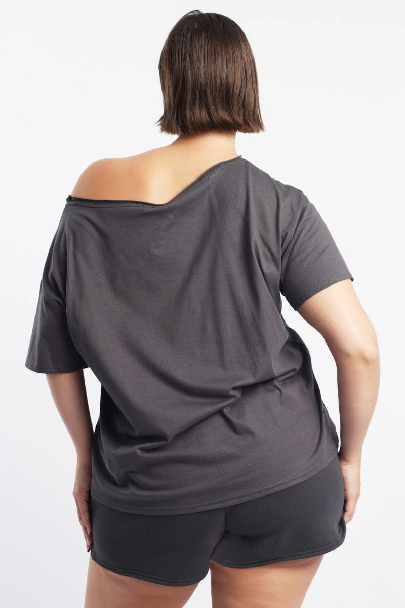 Light Fit Wear Trendy Casual Wear Grey Graphic T Shirt Off Shoulder Short Sleeve