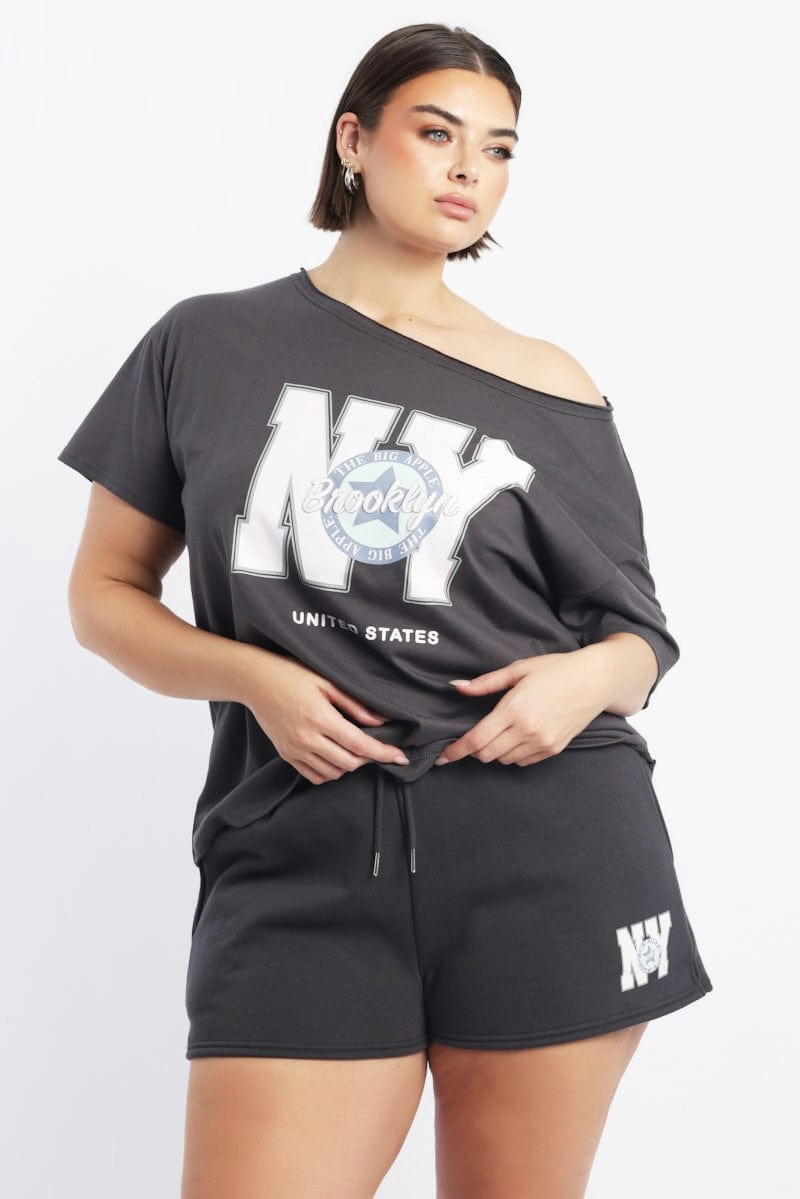 Grey Graphic T Shirt Off Shoulder Short Sleeve Casual Must-Have
