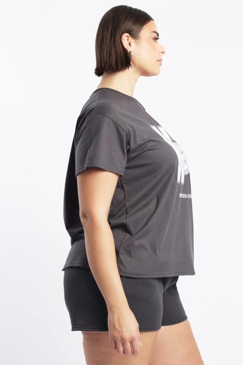 Airflow Mesh Panels Grey Graphic T Shirt Off Shoulder Short Sleeve