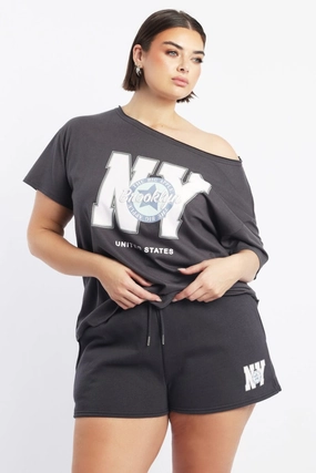 Grey Graphic T Shirt Off Shoulder Short Sleeve Casual Must-Have