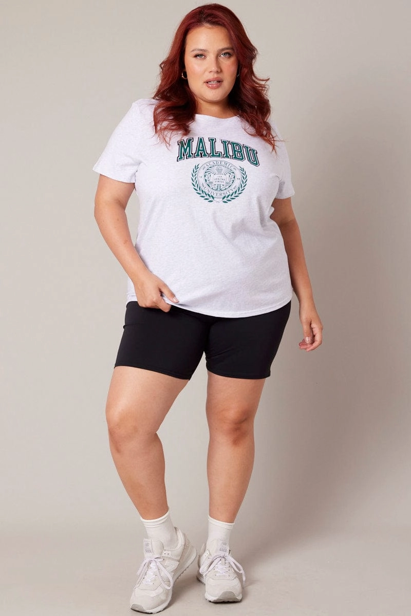 Beach Outfit Cotton Blend Grey Graphic T-shirt Short Sleeve Crew Neck