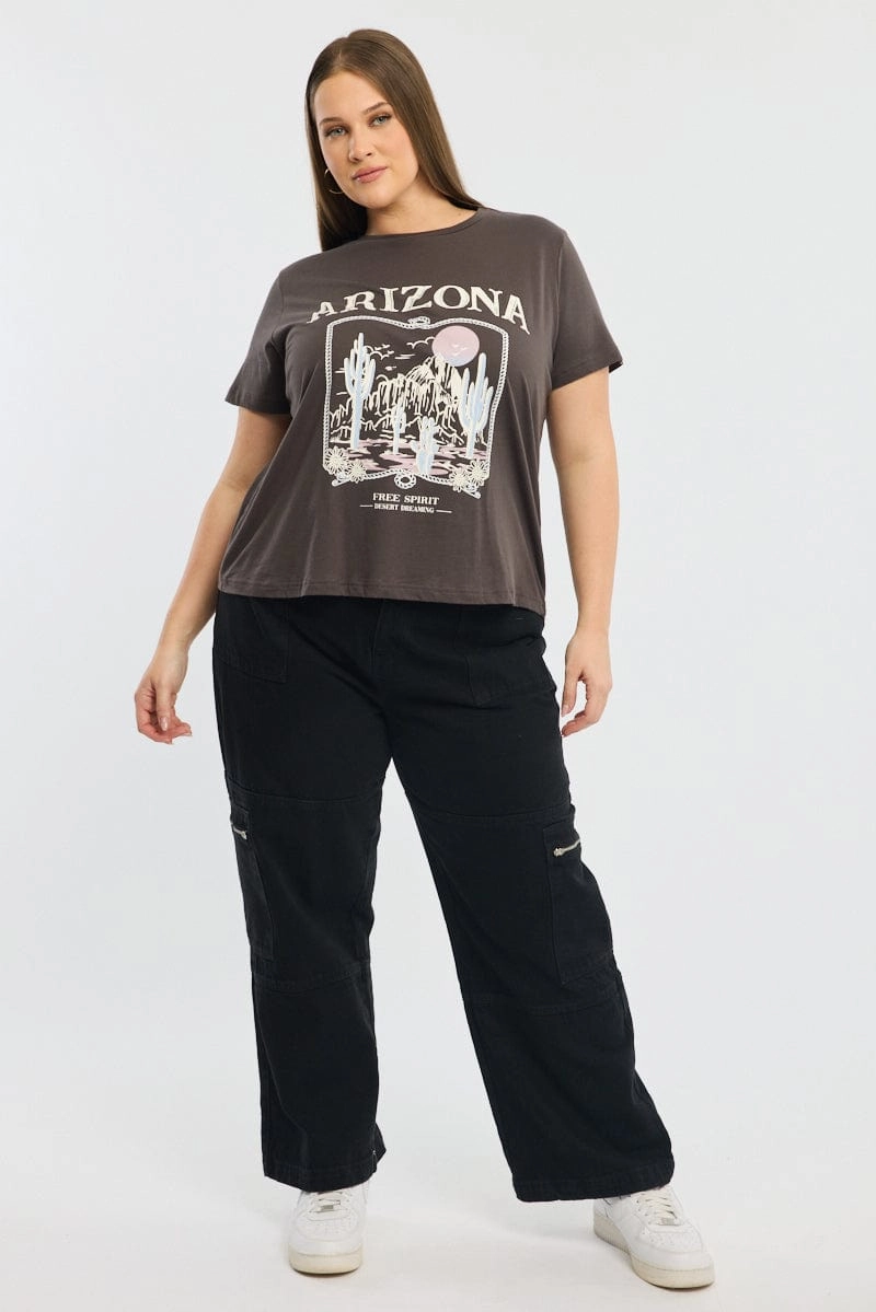 Grey Graphic T-shirt Short Sleeve Crew Neck Subtle Embroidery