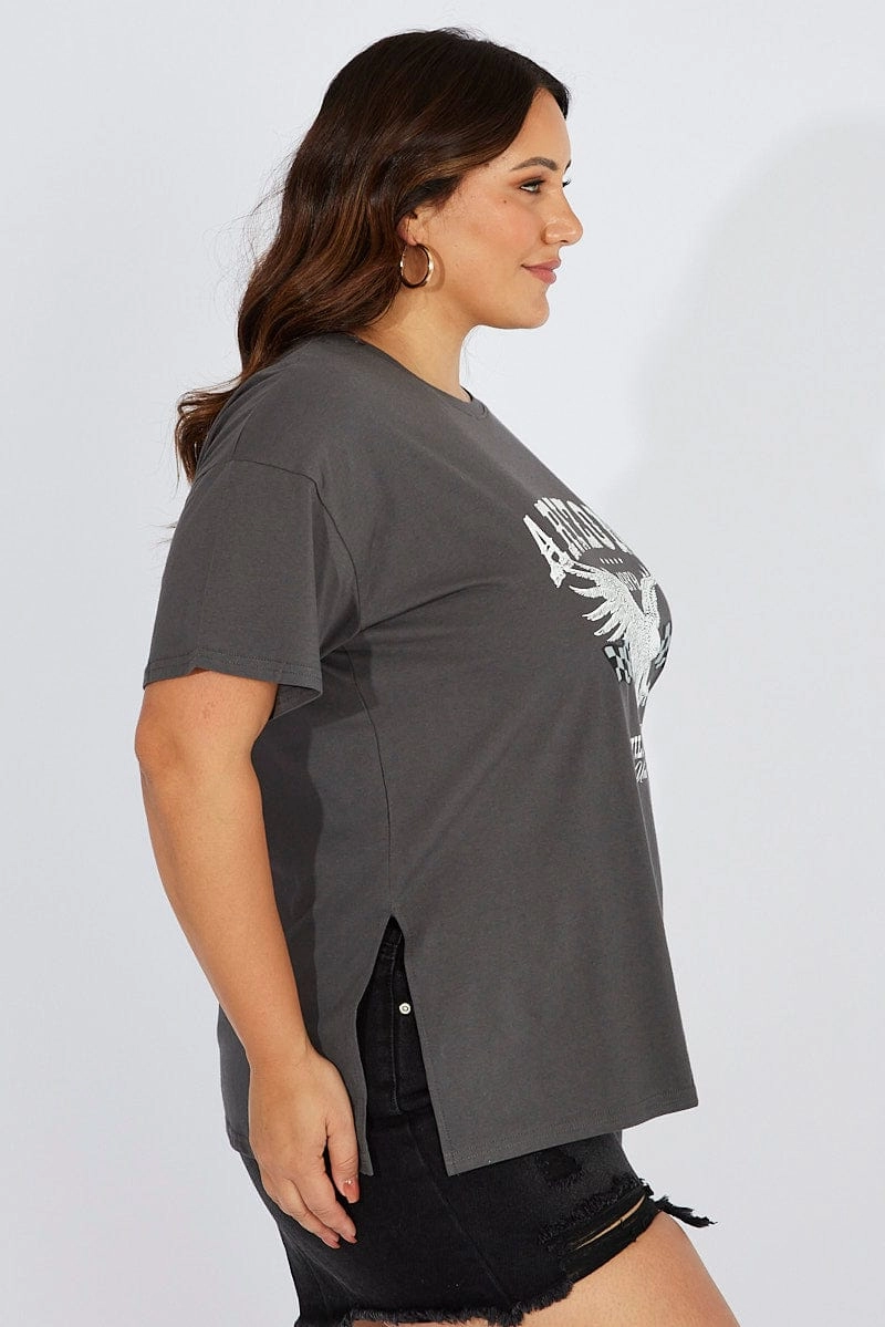 Grey Graphic T-shirt Short Sleeve Crew Neck Moisture Management Technology