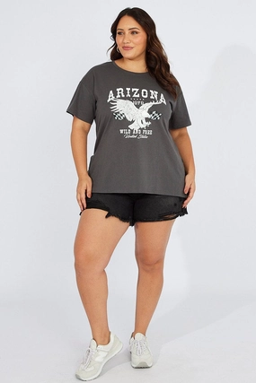 Active Style Trend Grey Graphic T-shirt Short Sleeve Crew Neck