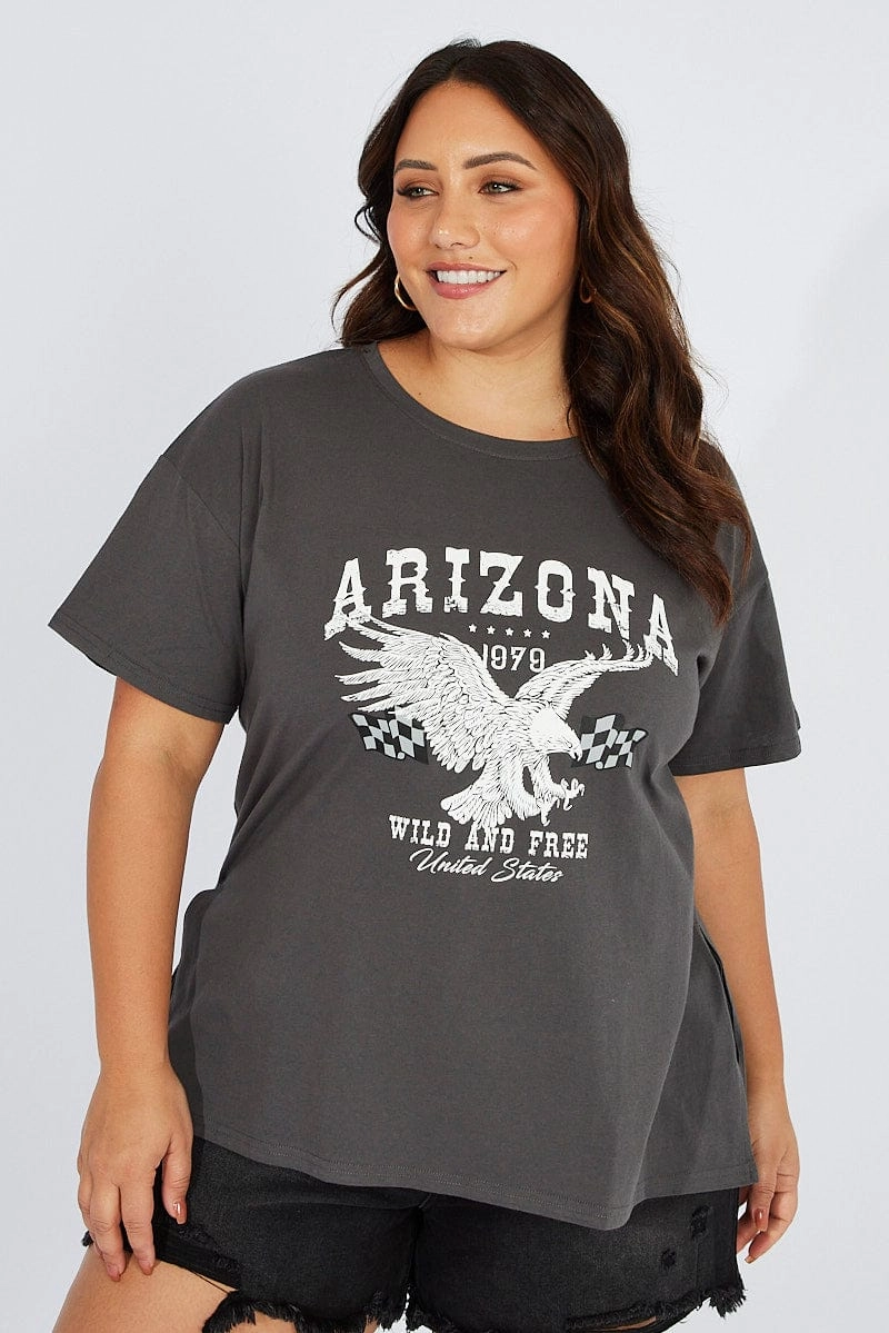 Grey Graphic T-shirt Short Sleeve Crew Neck Seasonal Comfort