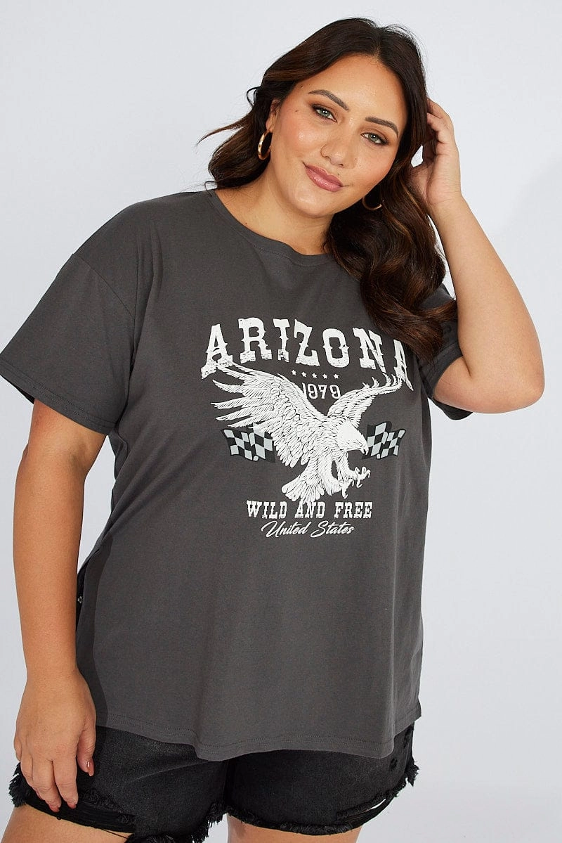 Grey Graphic T-shirt Short Sleeve Crew Neck Versatile Outfit Premium Material