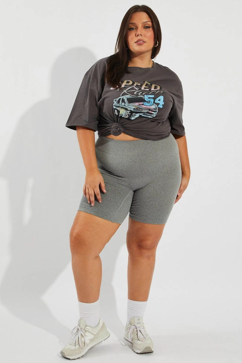 Grey Graphic T-shirt Short Sleeve Crew Neck Comfortable texture