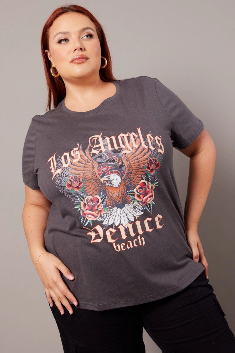 Grey Graphic T-shirt Short Sleeve Crew Neck Light Style Trend Slim fit clothing