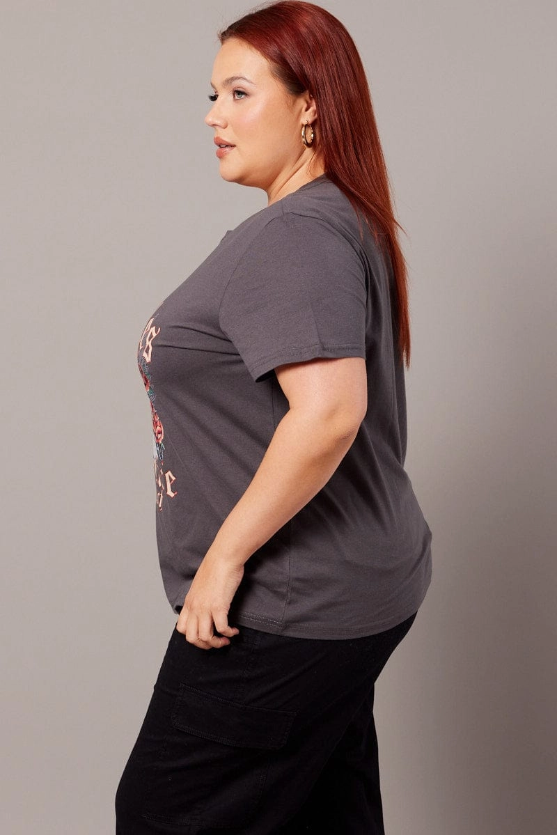Grey Graphic T-shirt Short Sleeve Crew Neck Versatile Fashion