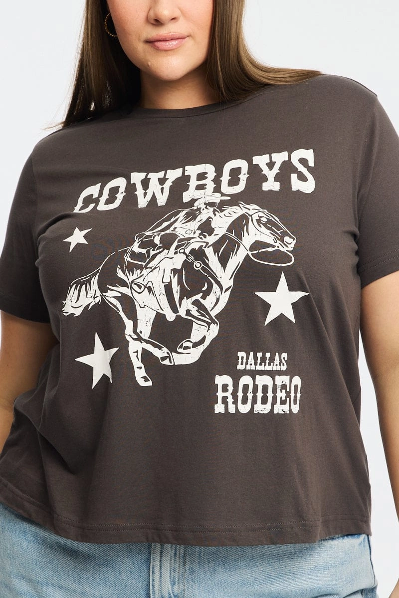 Grey Graphic T-shirt Short Sleeve Crew Neck Bohemian style