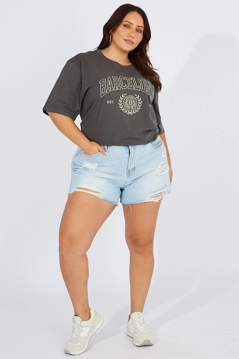 Lightweight Material Grey Graphic T-shirt Short Sleeve Crew Neck