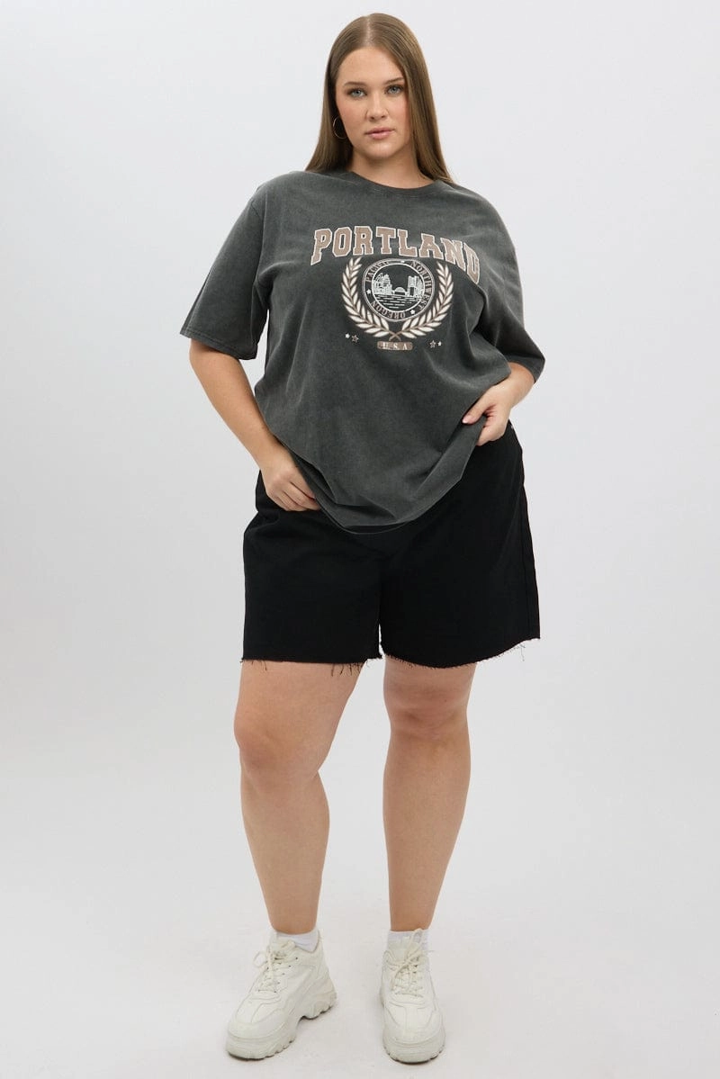 Sporty Fashion Grey Graphic T Shirt Short Sleeve Crew Neck