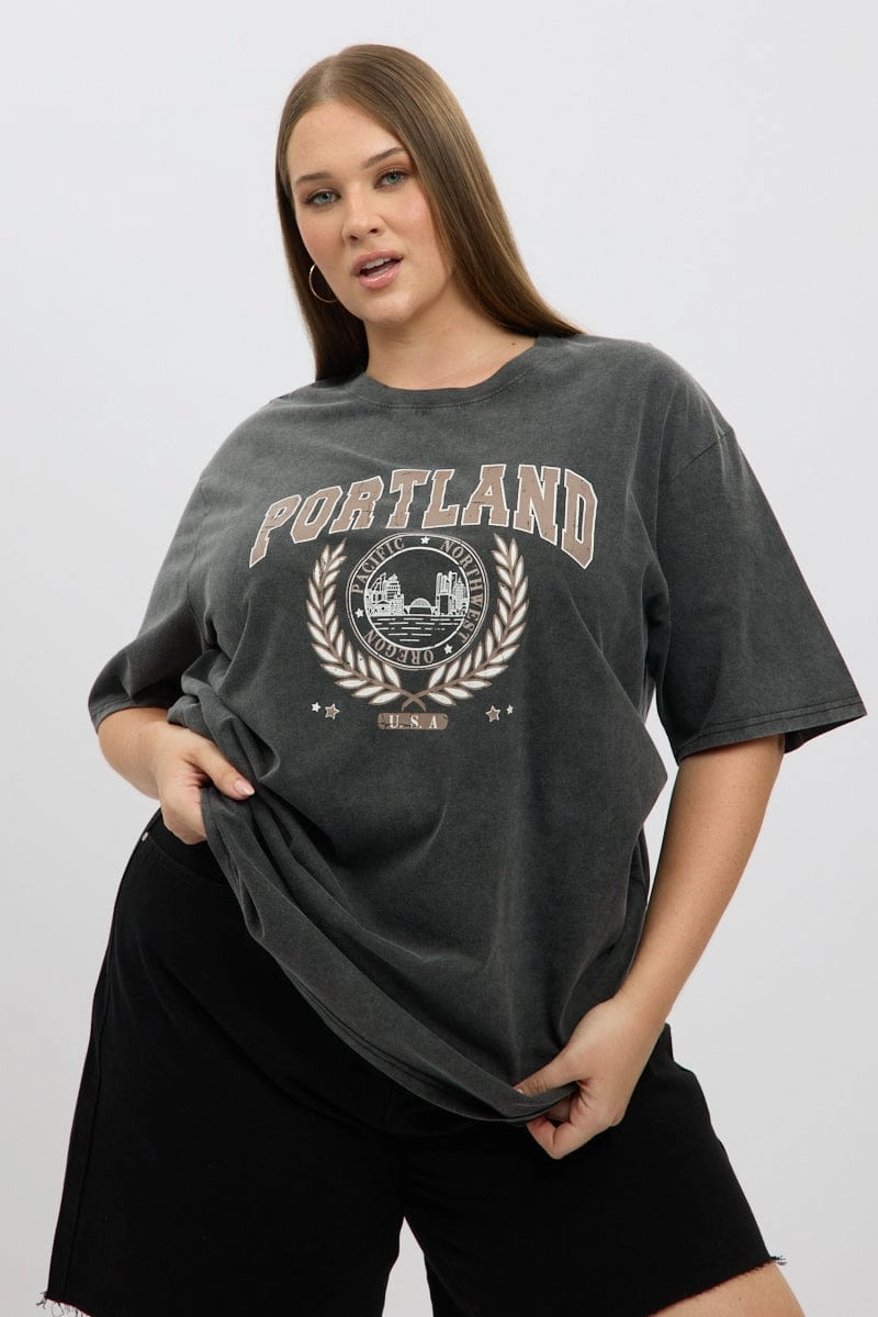 Grey Graphic T Shirt Short Sleeve Crew Neck SunProtectionFabric
