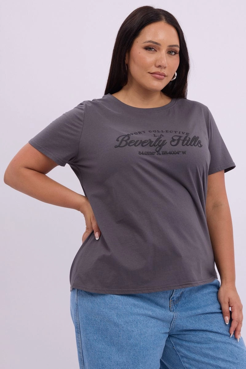 Washable Chill Comfort Look Grey Graphic T Shirt Short Sleeve Crew Neck