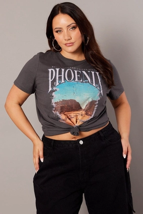 Seasonal Must-Have Grey Graphic T-shirt Short Sleeve Crew Neck