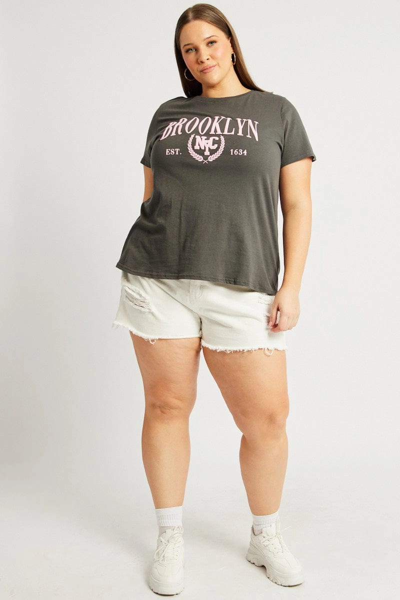 Grey Graphic T Shirt Short Sleeve Crew Neck Valentine's Day