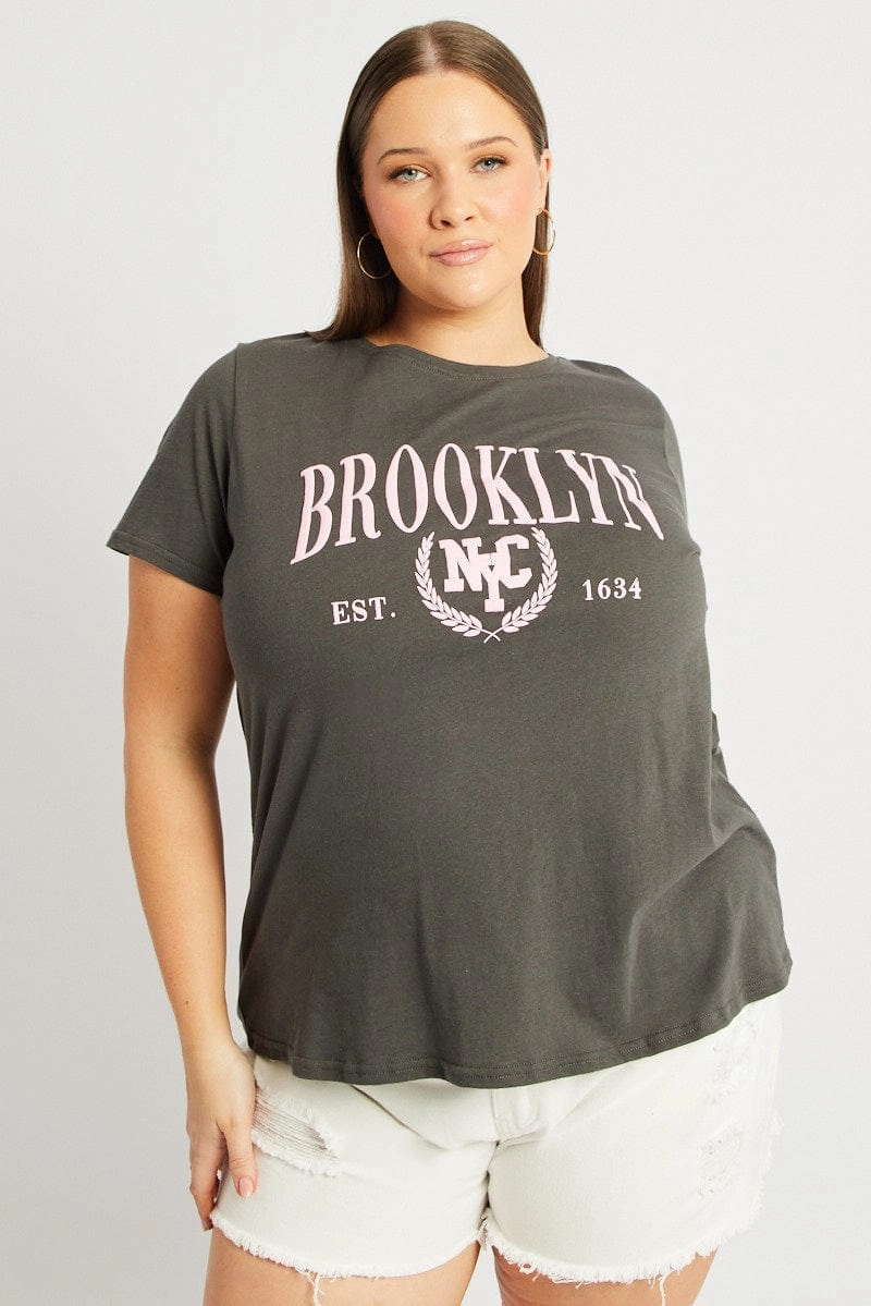 Grey Graphic T Shirt Short Sleeve Crew Neck Minimal Style Trend Classic Layer Wear