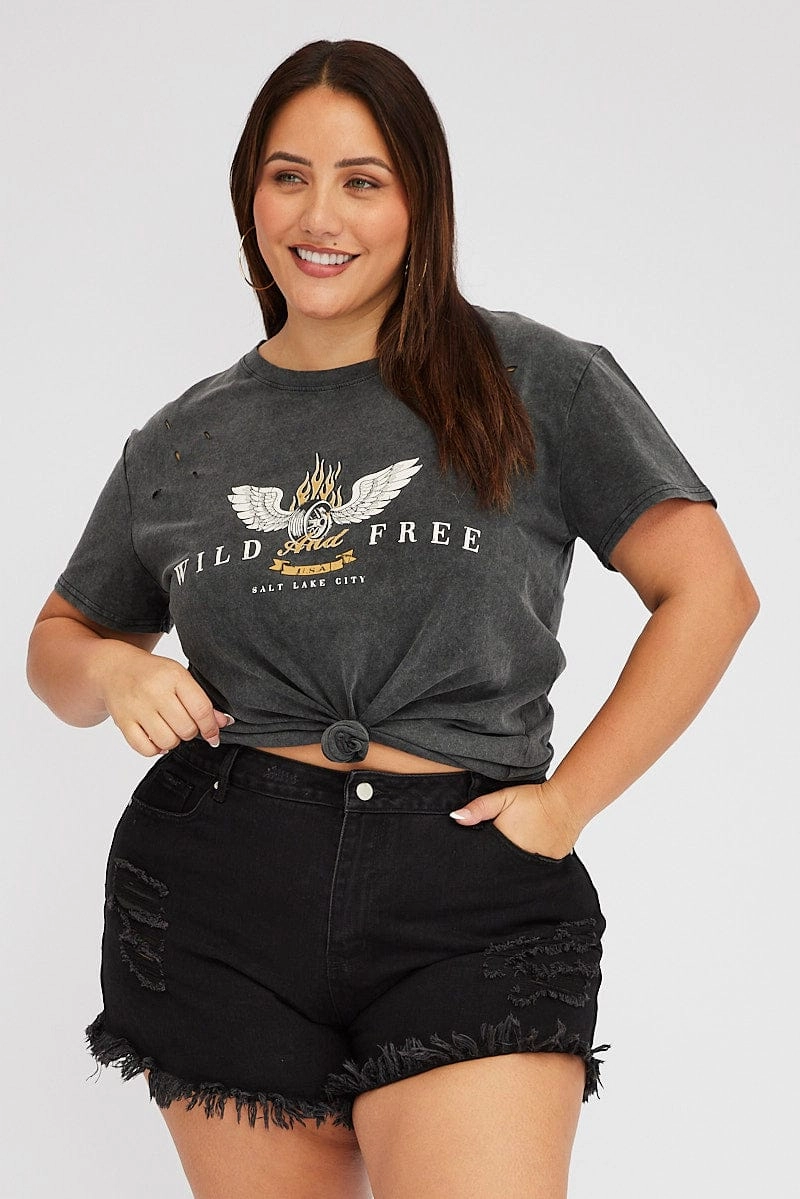 Grey Graphic T-shirt Short Sleeve Crew Neck tall size