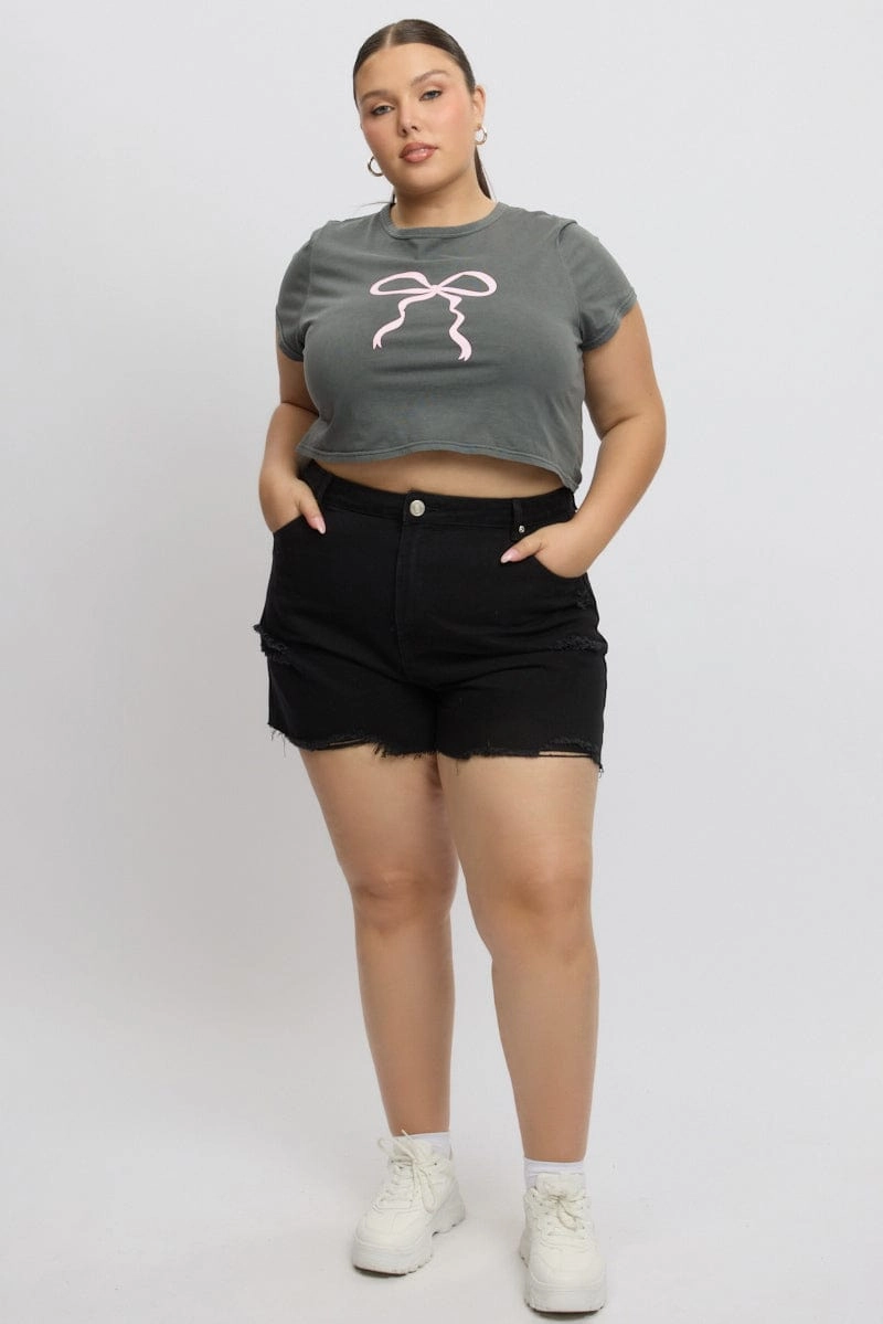 Street Style Trend Performance Wear Grey Graphic T Shirt Short Sleeve Crop Top