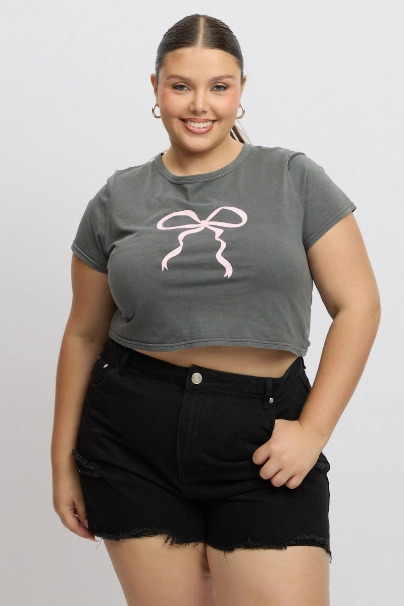 Classic Layering Grey Graphic T Shirt Short Sleeve Crop Top