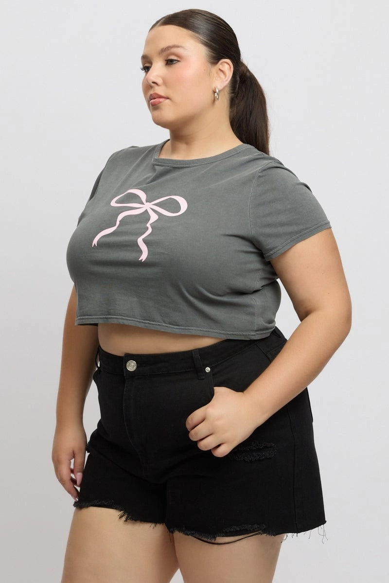 Grey Graphic T Shirt Short Sleeve Crop Top Perfect Comfort Wear Preppy