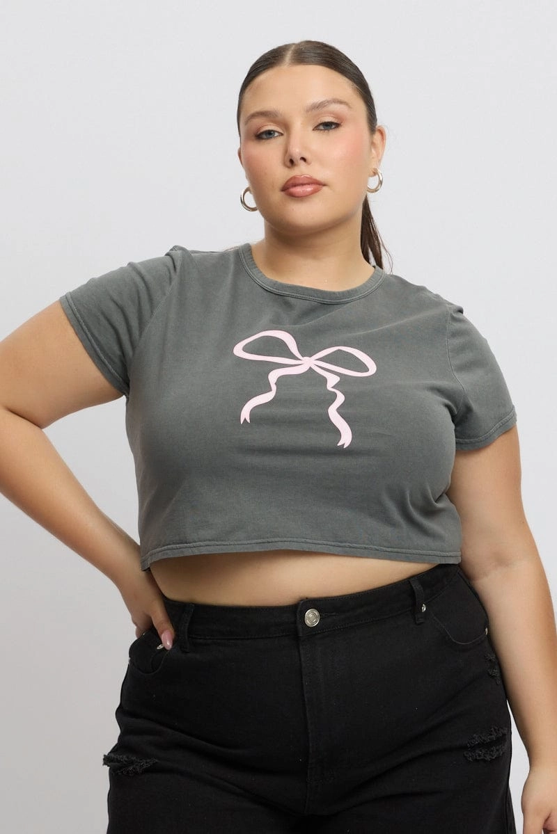 Slim Comfort Effortless Wear Grey Graphic T Shirt Short Sleeve Crop Top