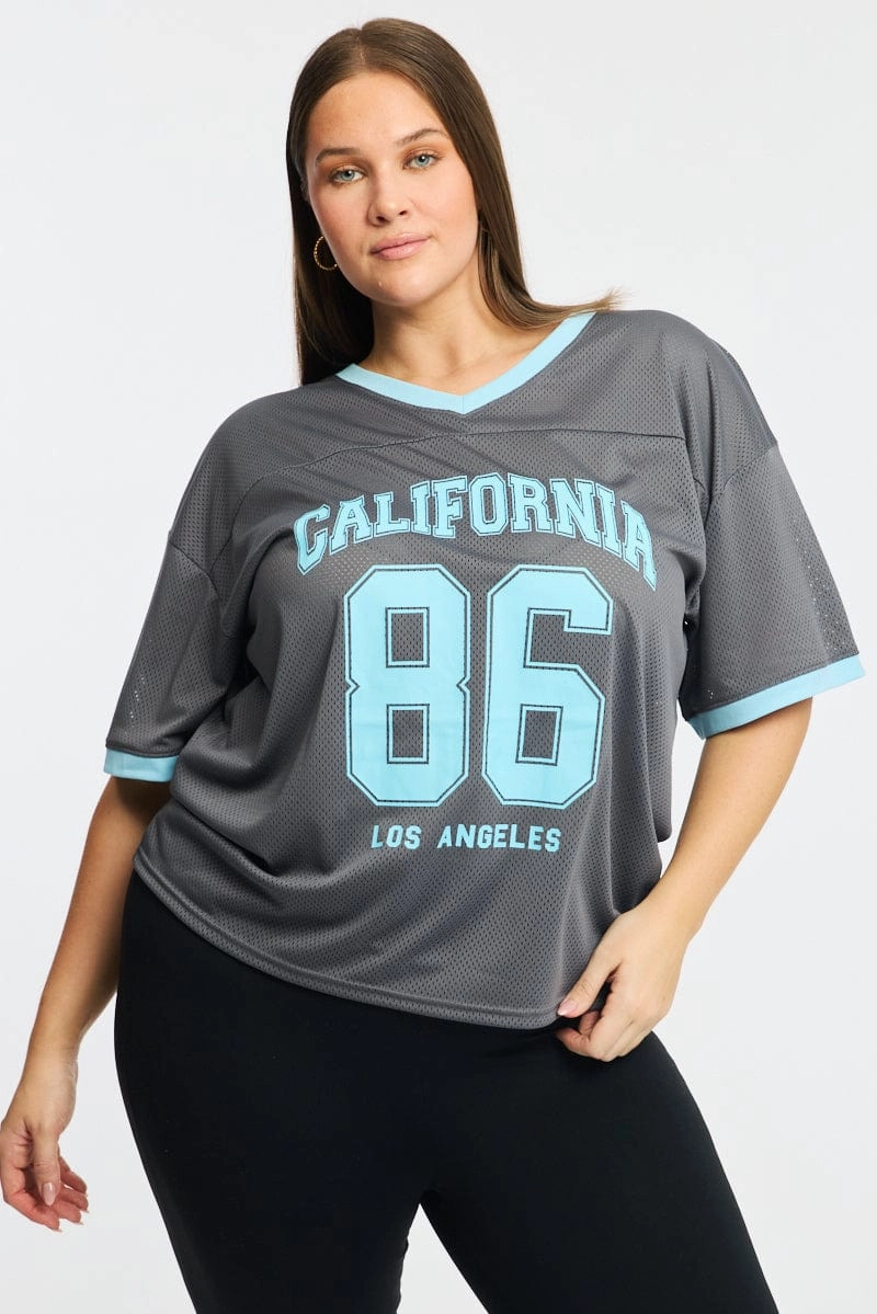 Soft Stretch Fit Grey Graphic T-shirt Short Sleeve V-neck