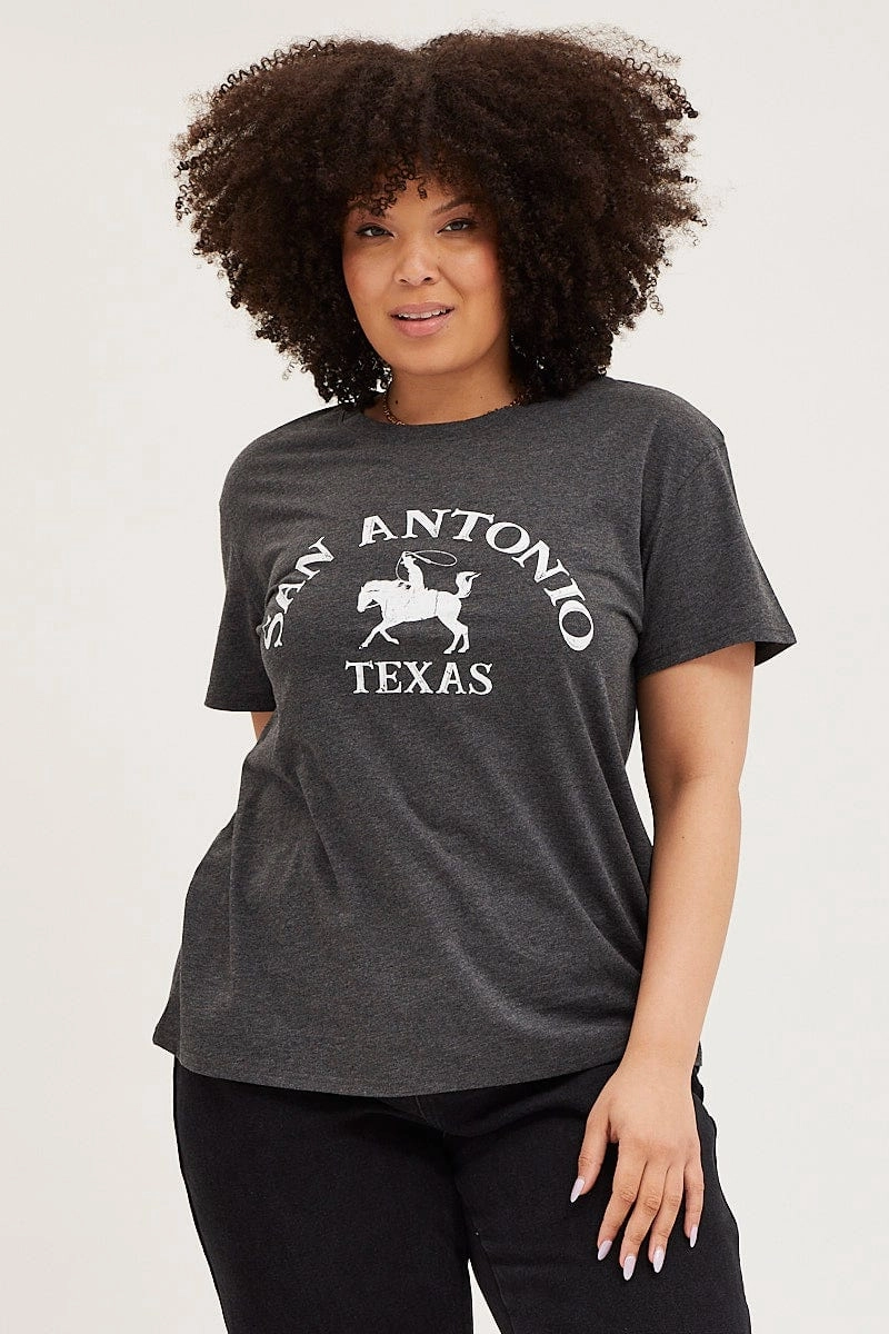 Grey Graphic T-shirt Sun Crew Neck Short Sleeve Cotton Sporty Layer