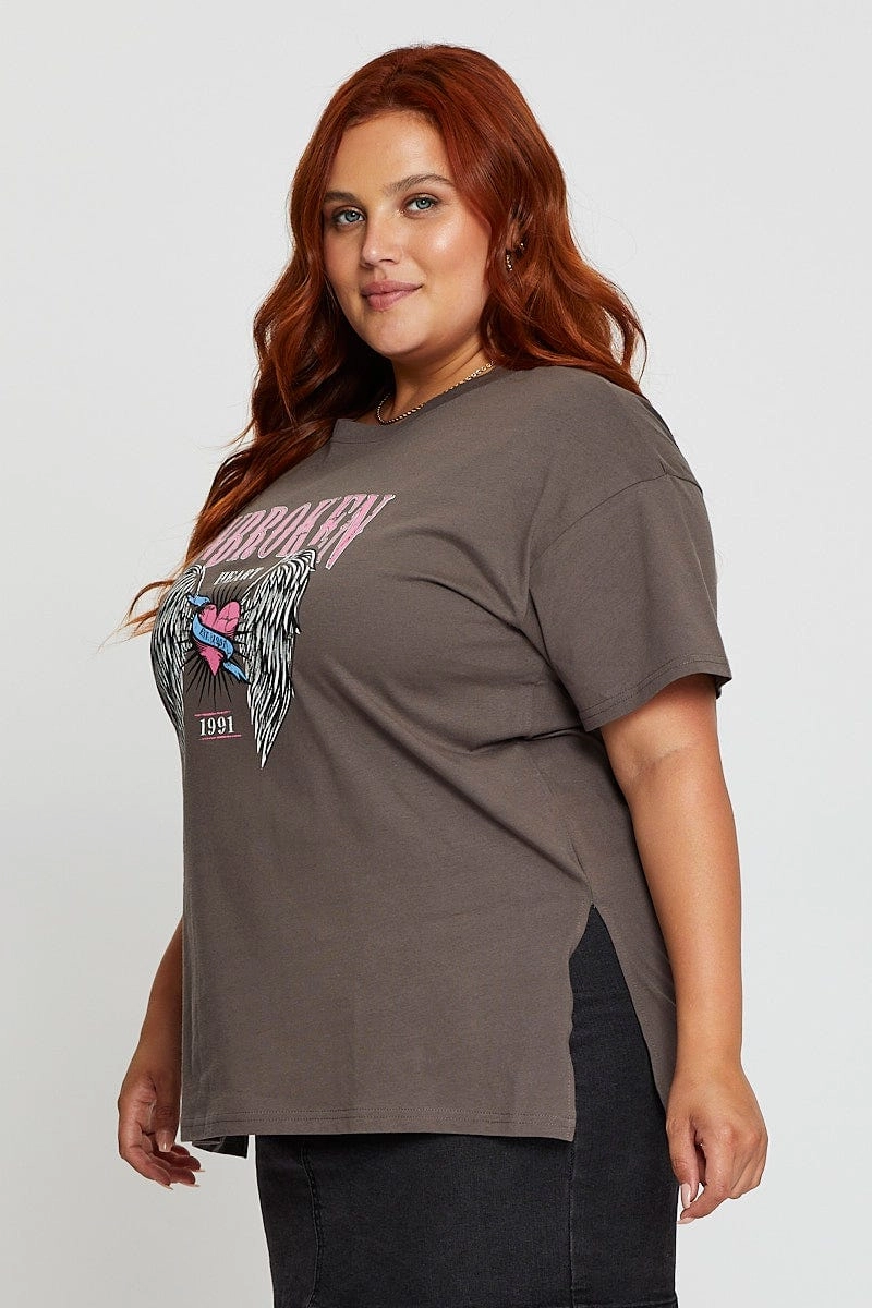 Grey Graphic T-shirt Unbroken Short Sleeve Cotton Essential Top
