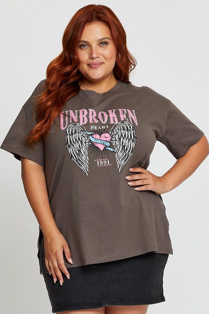 Grey Graphic T-shirt Unbroken Short Sleeve Cotton graduation
