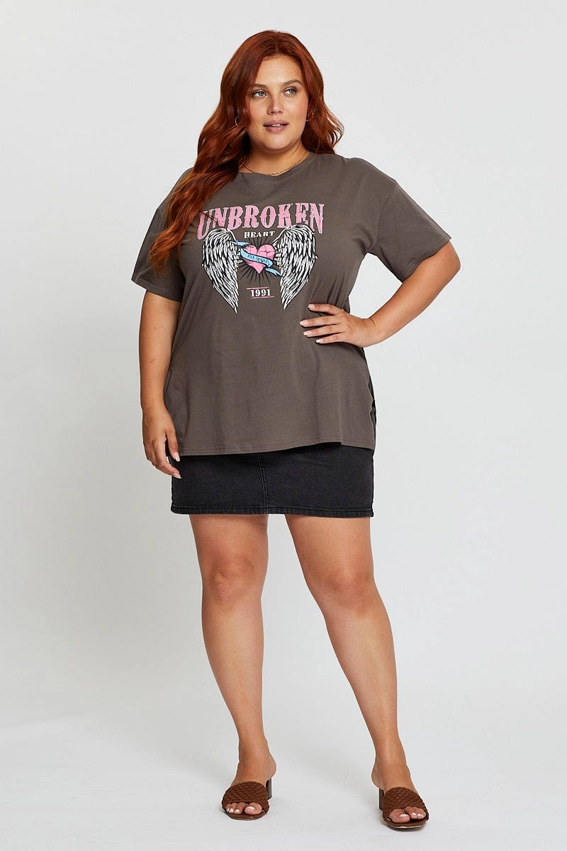 Stylish and Relaxed Moisture Management Fabric Grey Graphic T-shirt Unbroken Short Sleeve Cotton