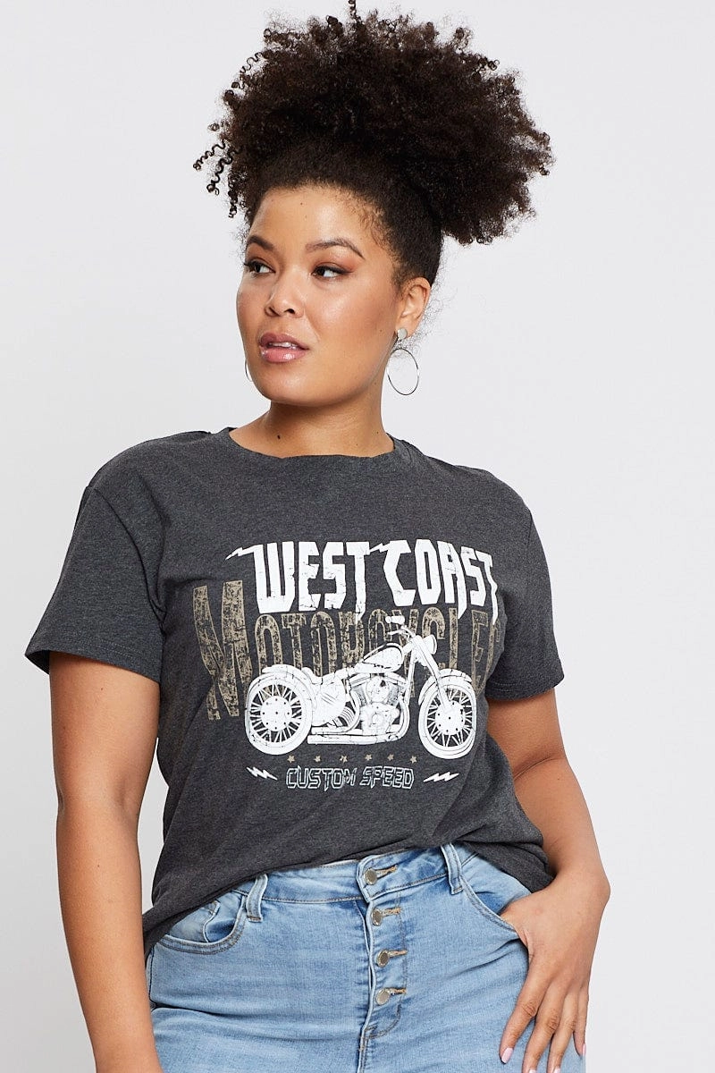 Grey Graphic T-shirt West Coast Short Sleeve Cotton Chilly Style Quick Fit Comfort