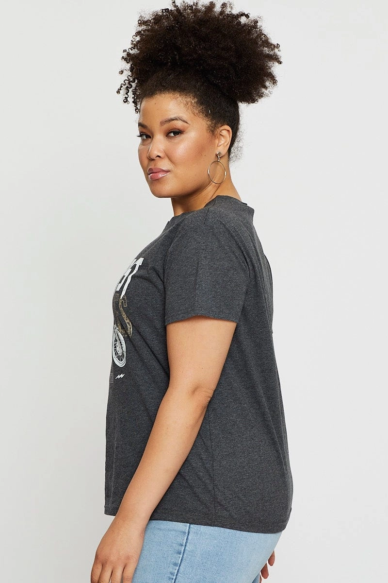 Grey Graphic T-shirt West Coast Short Sleeve Cotton Boat Neck