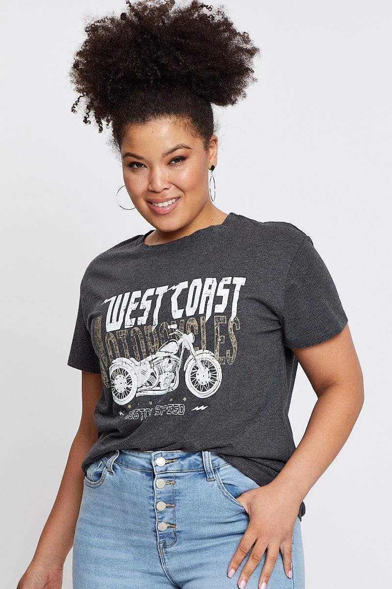 Grey Graphic T-shirt West Coast Short Sleeve Cotton Simple and Relaxed