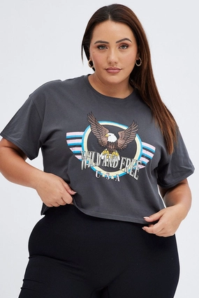 Grey Graphic T-shirt Wild And Free Cotton Jersey Crop Floral freshness