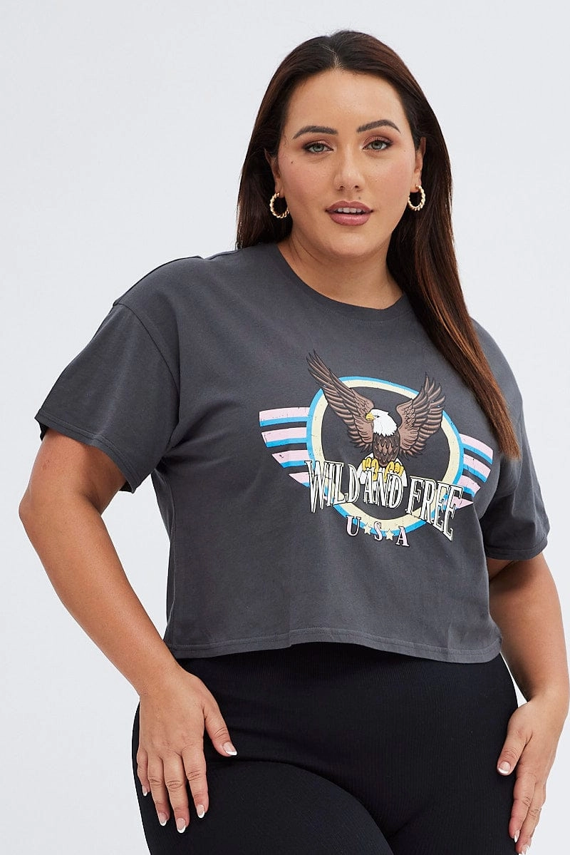 Comfy Pieces Grey Graphic T-shirt Wild And Free Cotton Jersey Crop