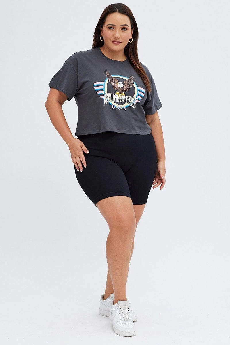 Stylish Look Slim Waistband Grey Graphic T-shirt Wild And Free Cotton Jersey Crop