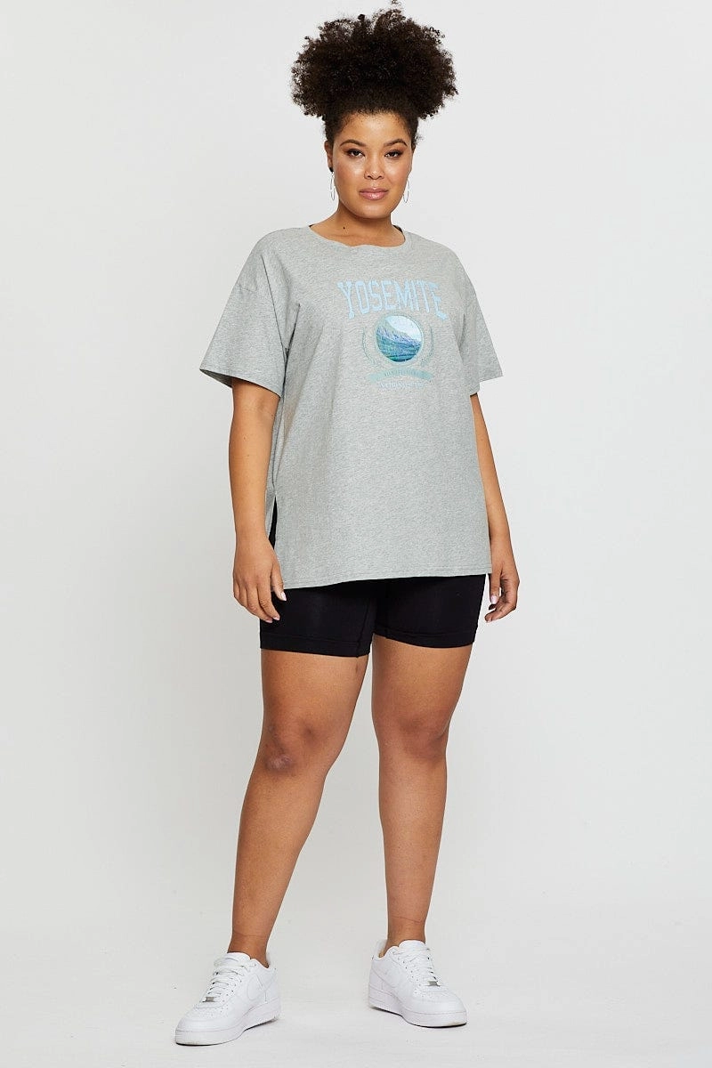 Grey Graphic T-shirt Yosemite Short Sleeve Cotton Sleek Stretch quick dry