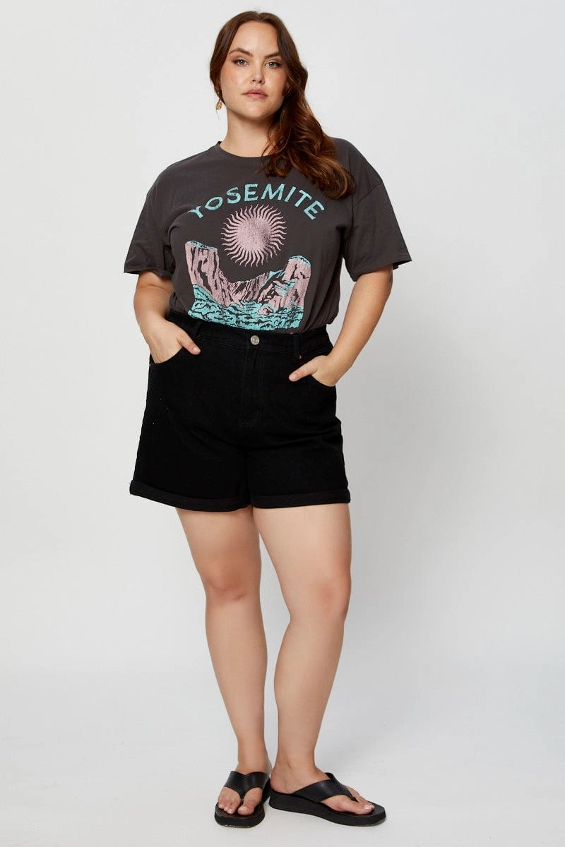 Abrasion resistant Grey Graphic T-shirt Yosemite Short Sleeve Cotton