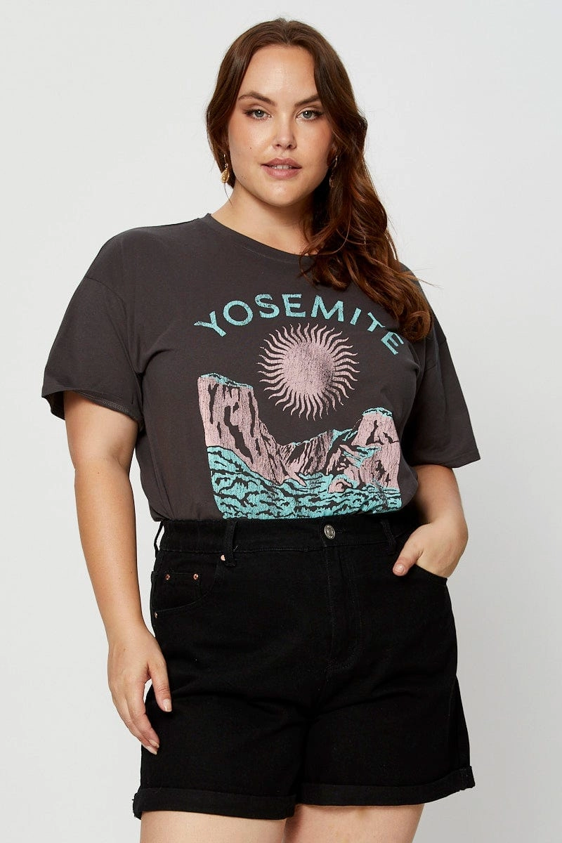 Grey Graphic T-shirt Yosemite Short Sleeve Cotton Summer Comfort