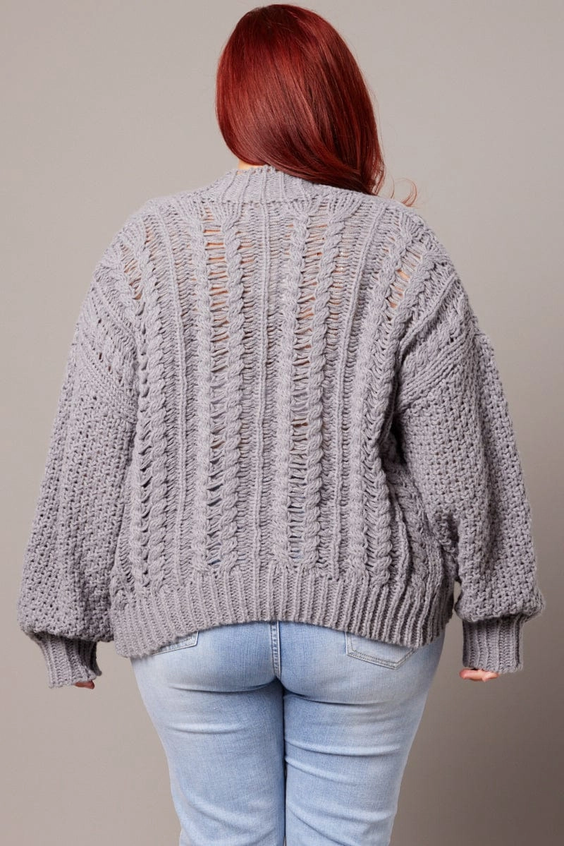 Grey Knit Cardigan Long Sleeve Relaxed Fit Cable Convertible Features