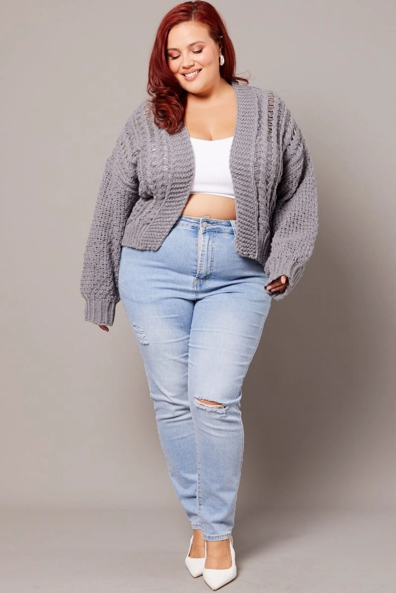 Grey Knit Cardigan Long Sleeve Relaxed Fit Cable BreathableFabric