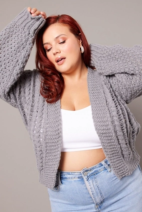 Grey Knit Cardigan Long Sleeve Relaxed Fit Cable Vegan Leather Accents