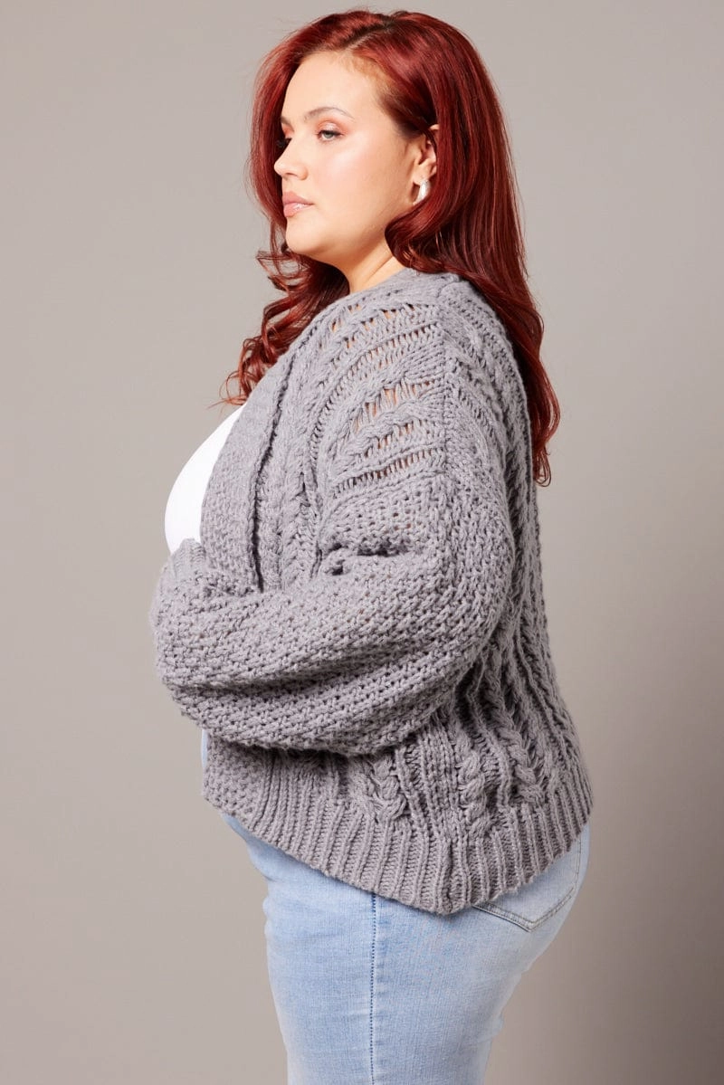 Convertible Style PFC Free Treatment Grey Knit Cardigan Long Sleeve Relaxed Fit Cable