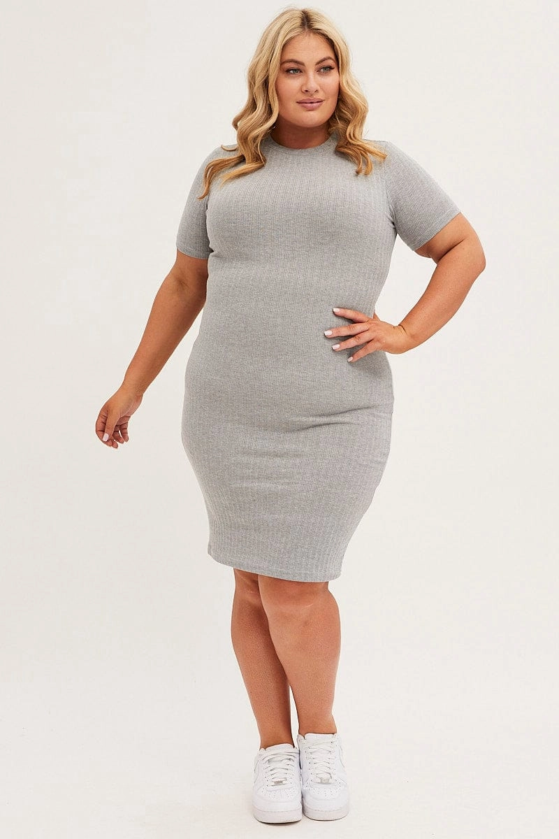Grey Midi Dress Short Sleeve Rib Jersey Bodycon Form Flow Flowy summer gown