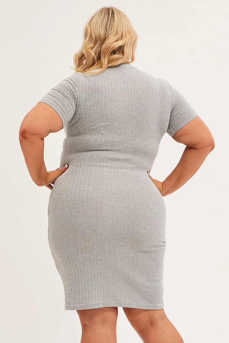 Refined Feel Grey Midi Dress Short Sleeve Rib Jersey Bodycon