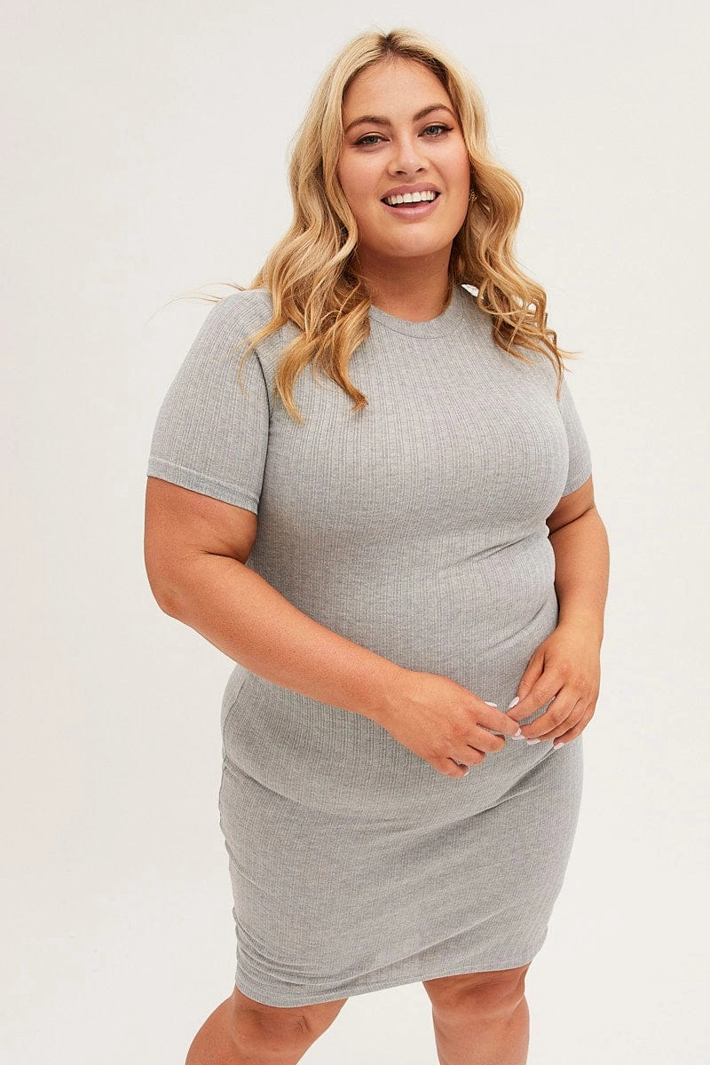 Comfortable and Flattering Grey Midi Dress Short Sleeve Rib Jersey Bodycon